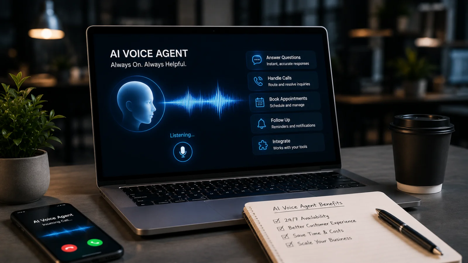 Conceptual illustration of an AI voice assistant handling business calls