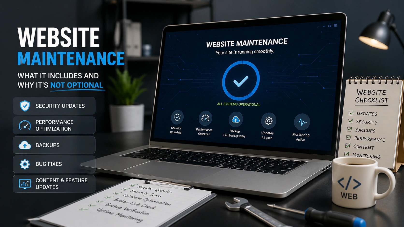 Website maintenance concept showing tools fixing a web page interface