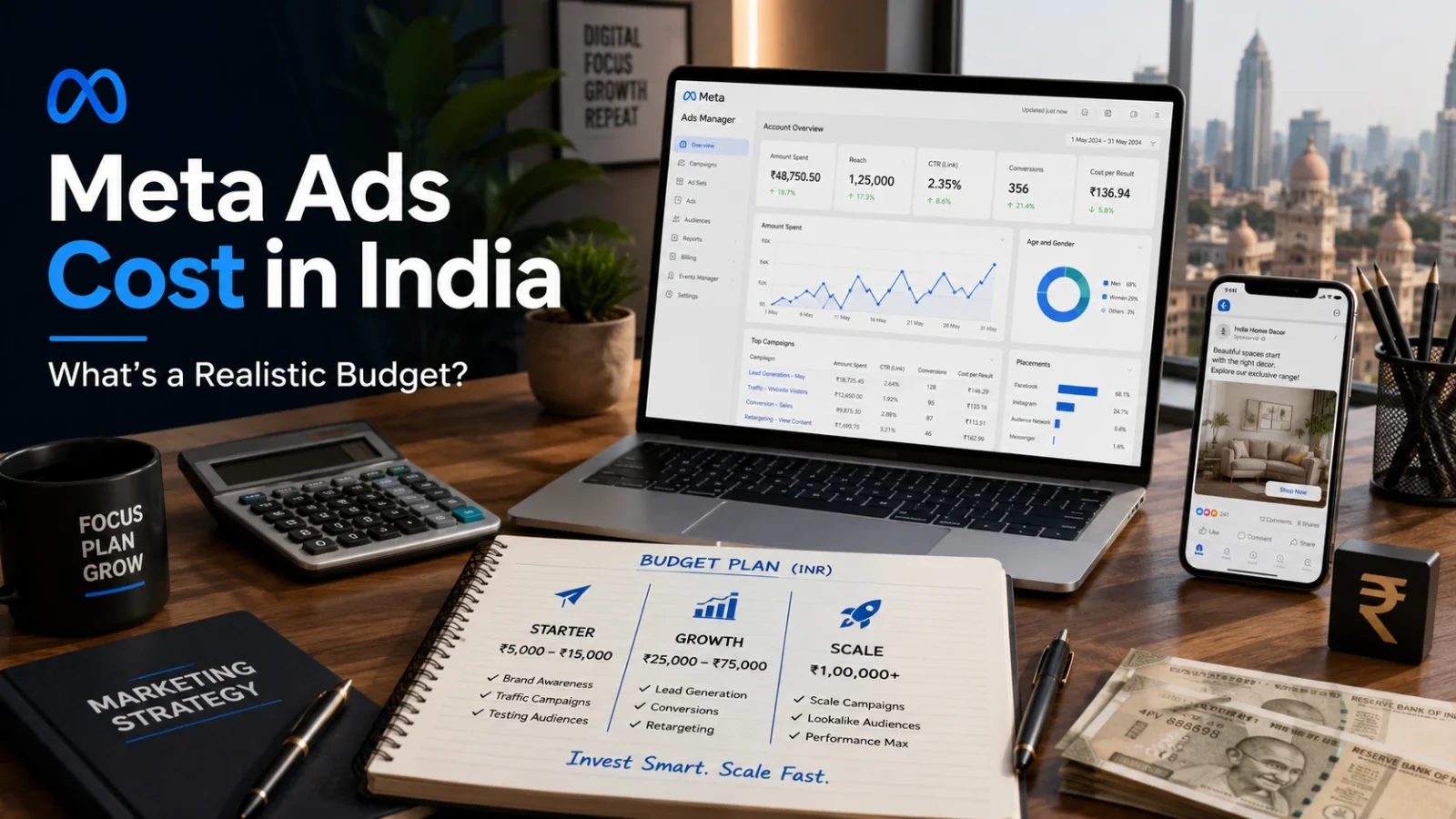 Illustration showing a Meta ads dashboard and budget planning in India