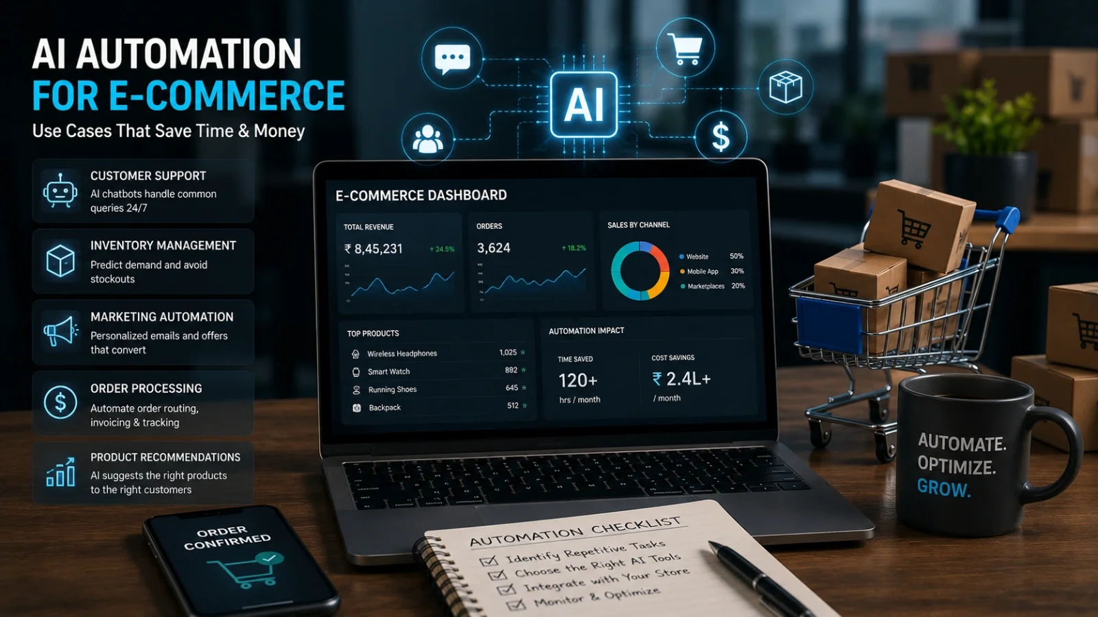 Conceptual image of AI automation integrated with an e-commerce shopping cart